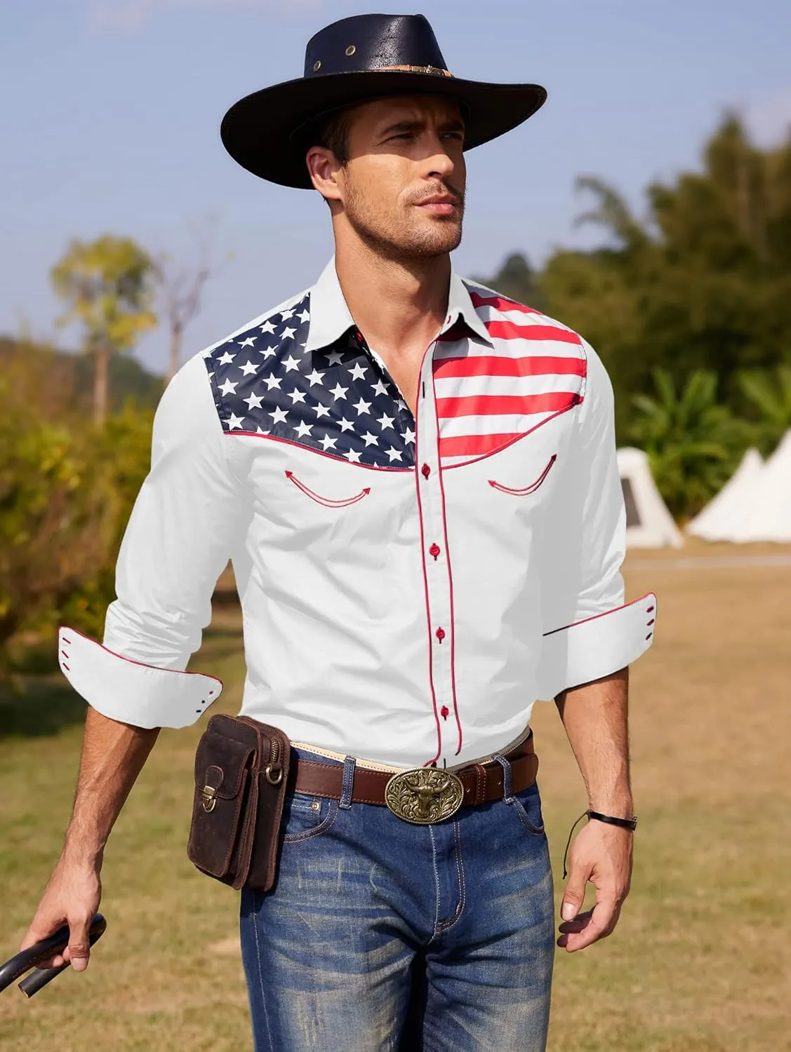 COOFANDY Men's Casual American Flag Button Down Shirts Slim Fit Long Sleeve Shirt