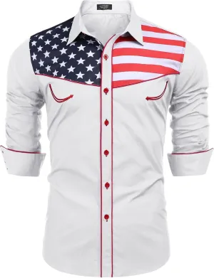 COOFANDY Men's Casual American Flag Button Down Shirts Slim Fit Long Sleeve Shirt