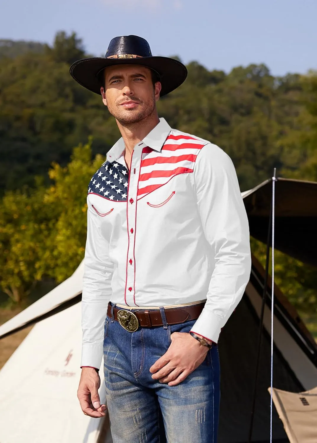 COOFANDY Men's Casual American Flag Button Down Shirts Slim Fit Long Sleeve Shirt
