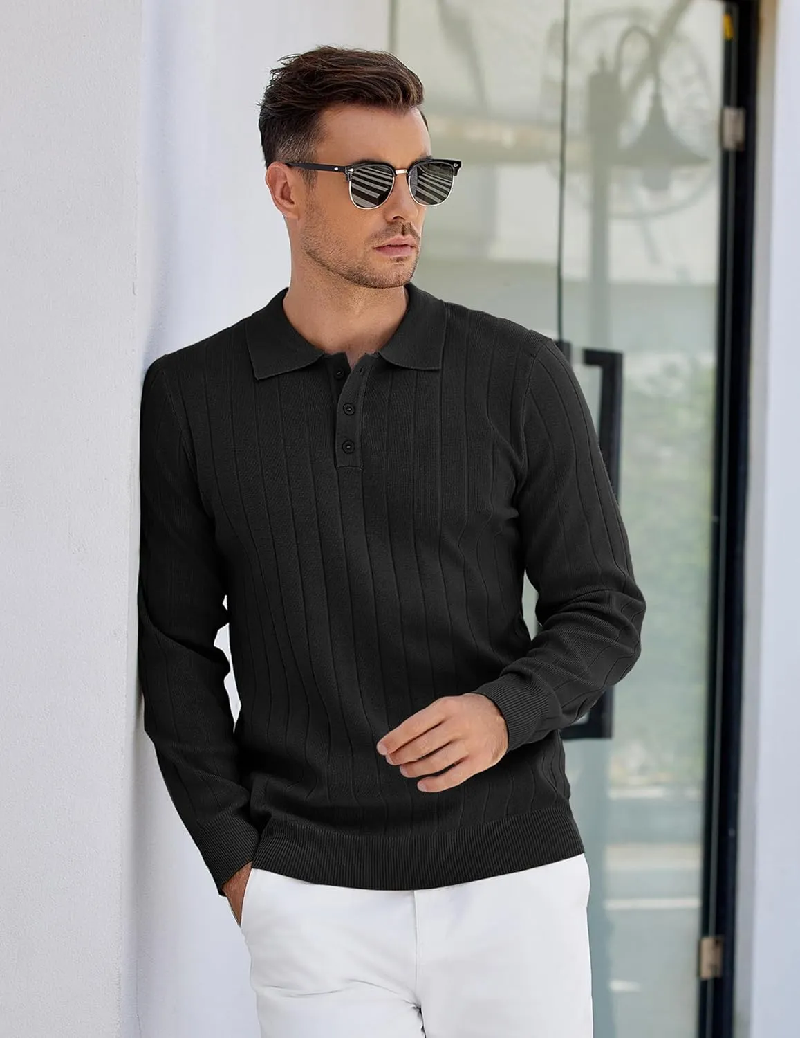 COOFANDY Mens Knit Polo Sweater Long Sleeve Polos Lightweight Casual Dress Pullover Sweaters
