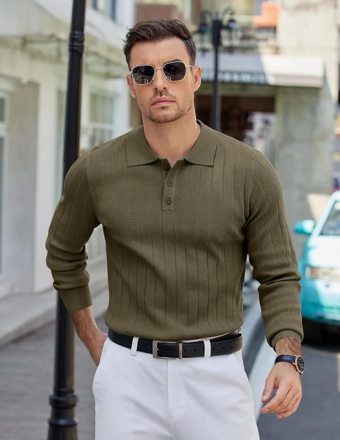 COOFANDY Mens Knit Polo Sweater Long Sleeve Polos Lightweight Casual Dress Pullover Sweaters