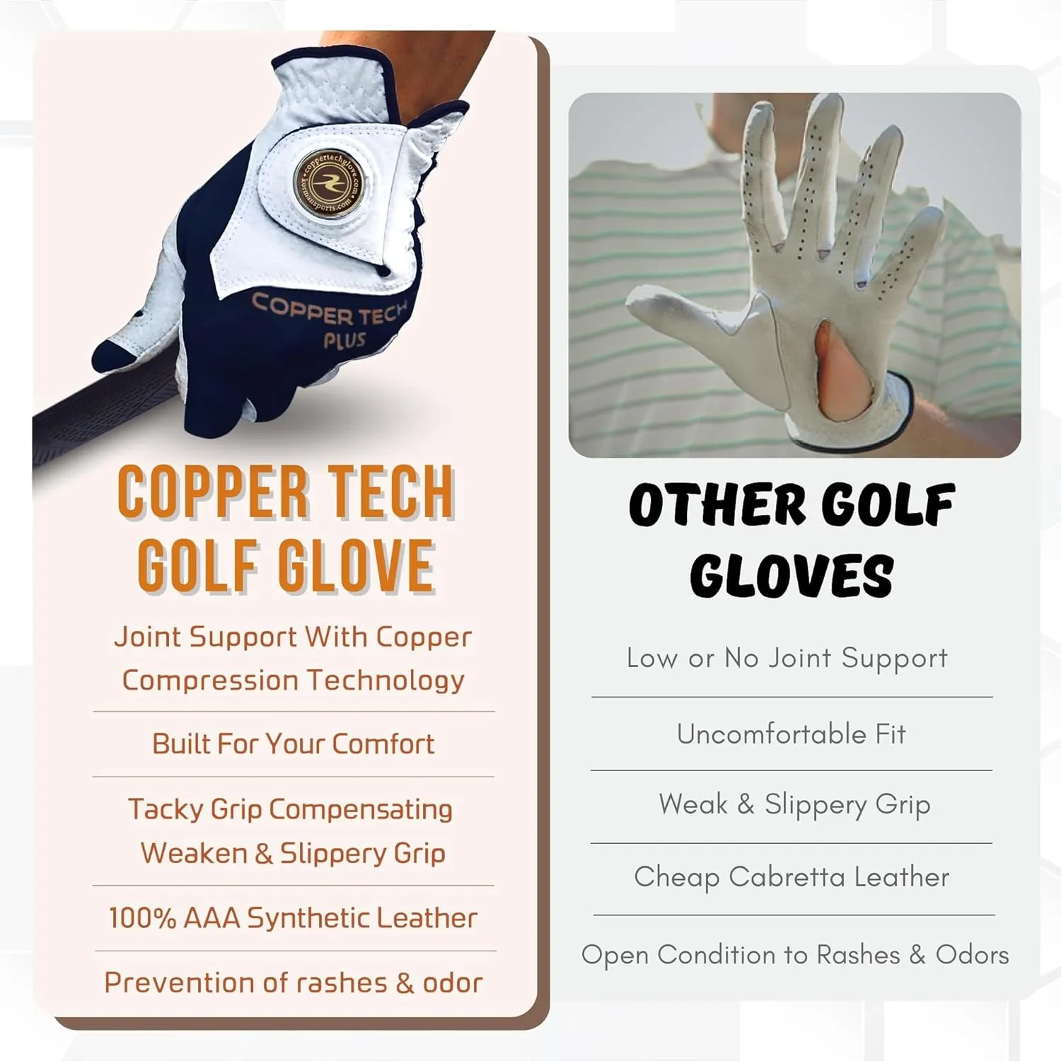 Copper Tech Men’s Golf Gloves - Joint Support for Golfers with Copper Compression - 100% AAA Synthetic Leather - Built for Comfort & Joint-Friendly - Golf Gloves Men Both Handed Golfers (2nd Gen)