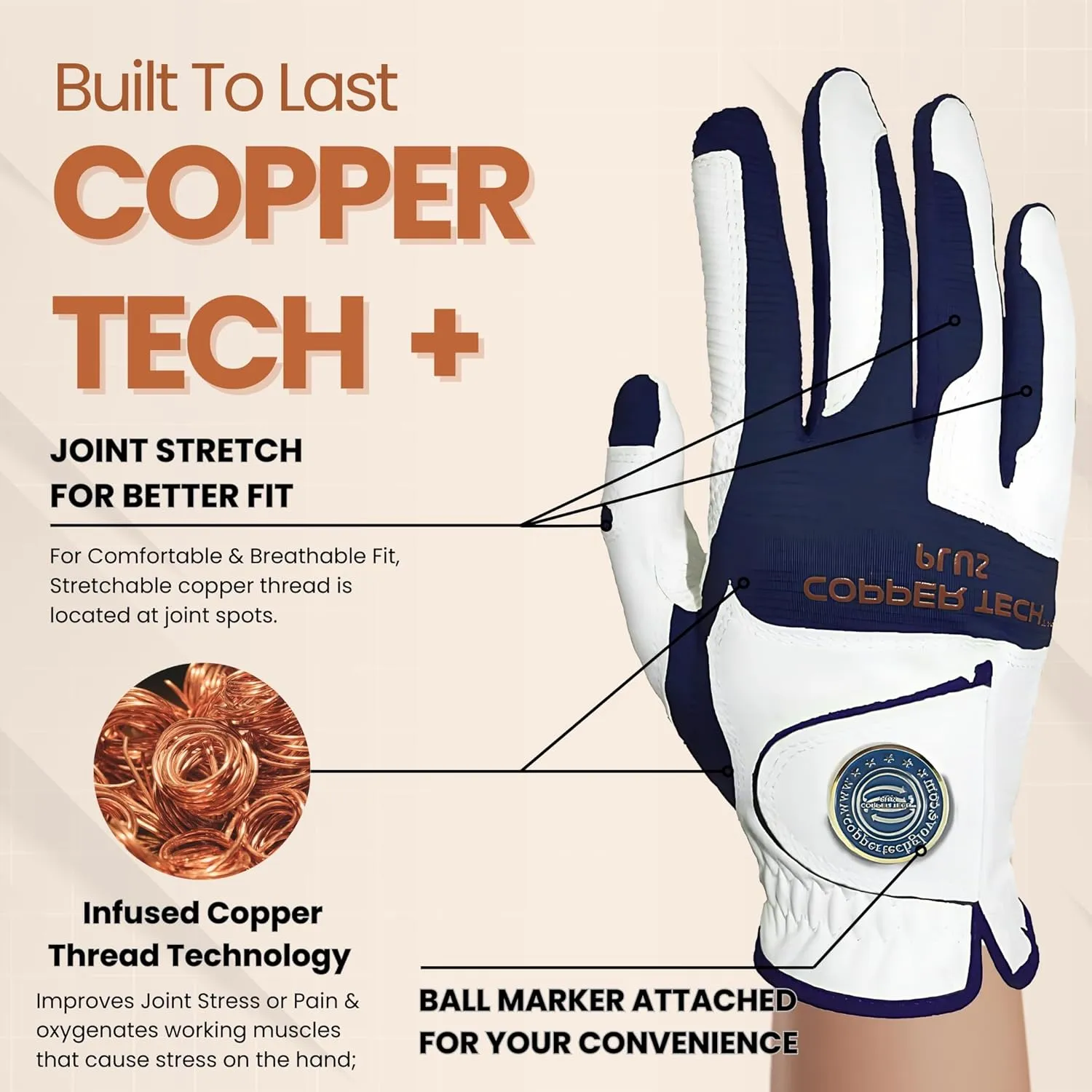 Copper Tech Men’s Golf Gloves - Joint Support for Golfers with Copper Compression - 100% AAA Synthetic Leather - Built for Comfort & Joint-Friendly - Golf Gloves Men Both Handed Golfers (2nd Gen)