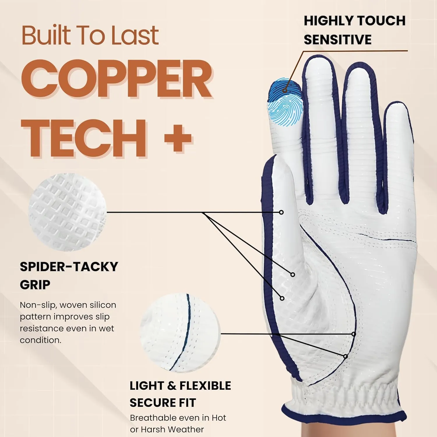 Copper Tech Men’s Golf Gloves - Joint Support for Golfers with Copper Compression - 100% AAA Synthetic Leather - Built for Comfort & Joint-Friendly - Golf Gloves Men Both Handed Golfers (2nd Gen)