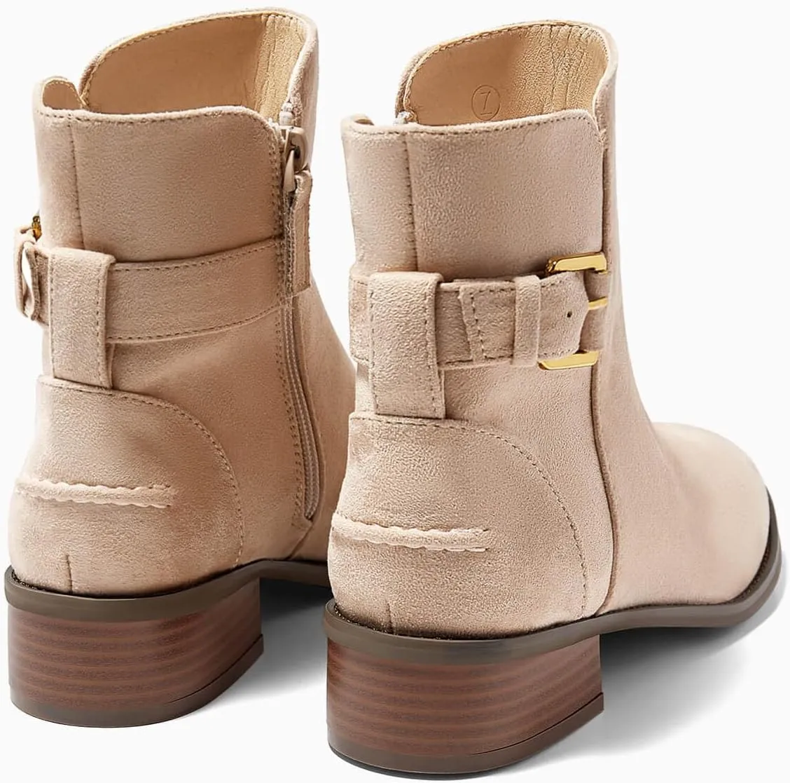 Coutgo Womens Flat Ankle Boots Low Heel Booties Chunky Stacked Pointed Toe Buckle Fall Western Dress Shoes