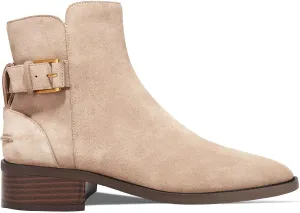 Coutgo Womens Flat Ankle Boots Low Heel Booties Chunky Stacked Pointed Toe Buckle Fall Western Dress Shoes