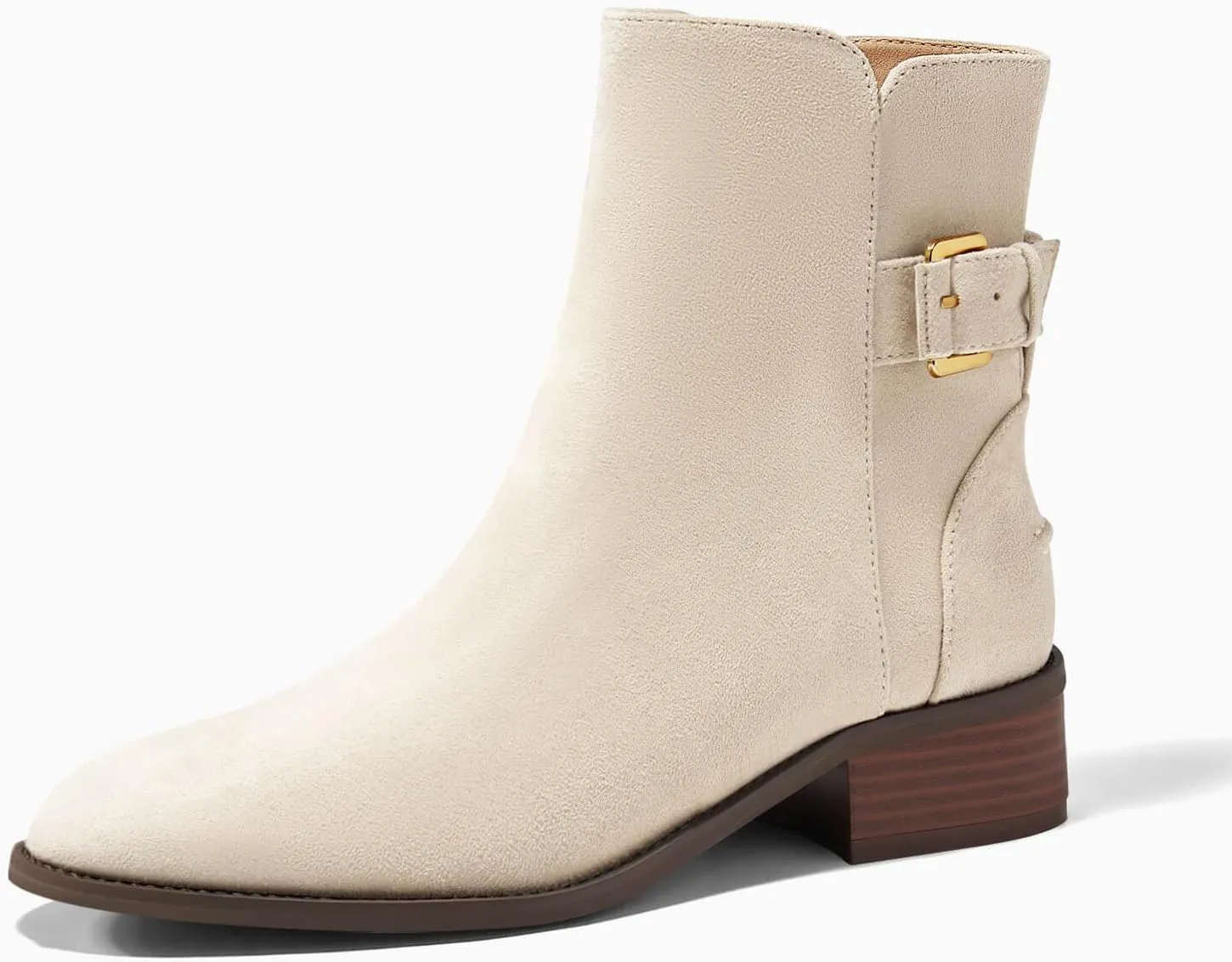 Coutgo Womens Flat Ankle Boots Low Heel Booties Chunky Stacked Pointed Toe Buckle Fall Western Dress Shoes