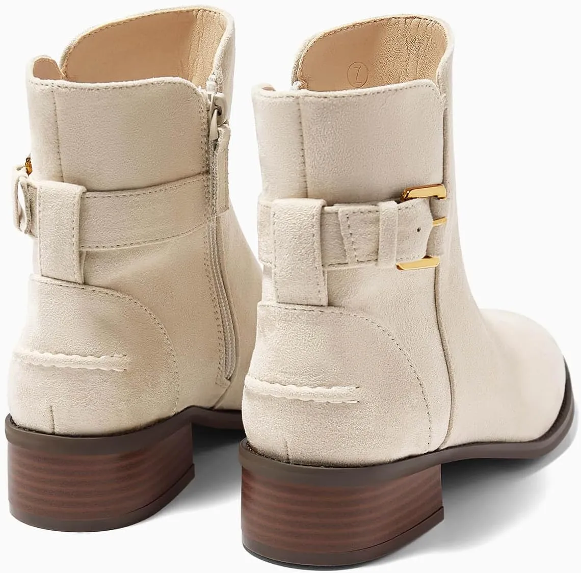 Coutgo Womens Flat Ankle Boots Low Heel Booties Chunky Stacked Pointed Toe Buckle Fall Western Dress Shoes