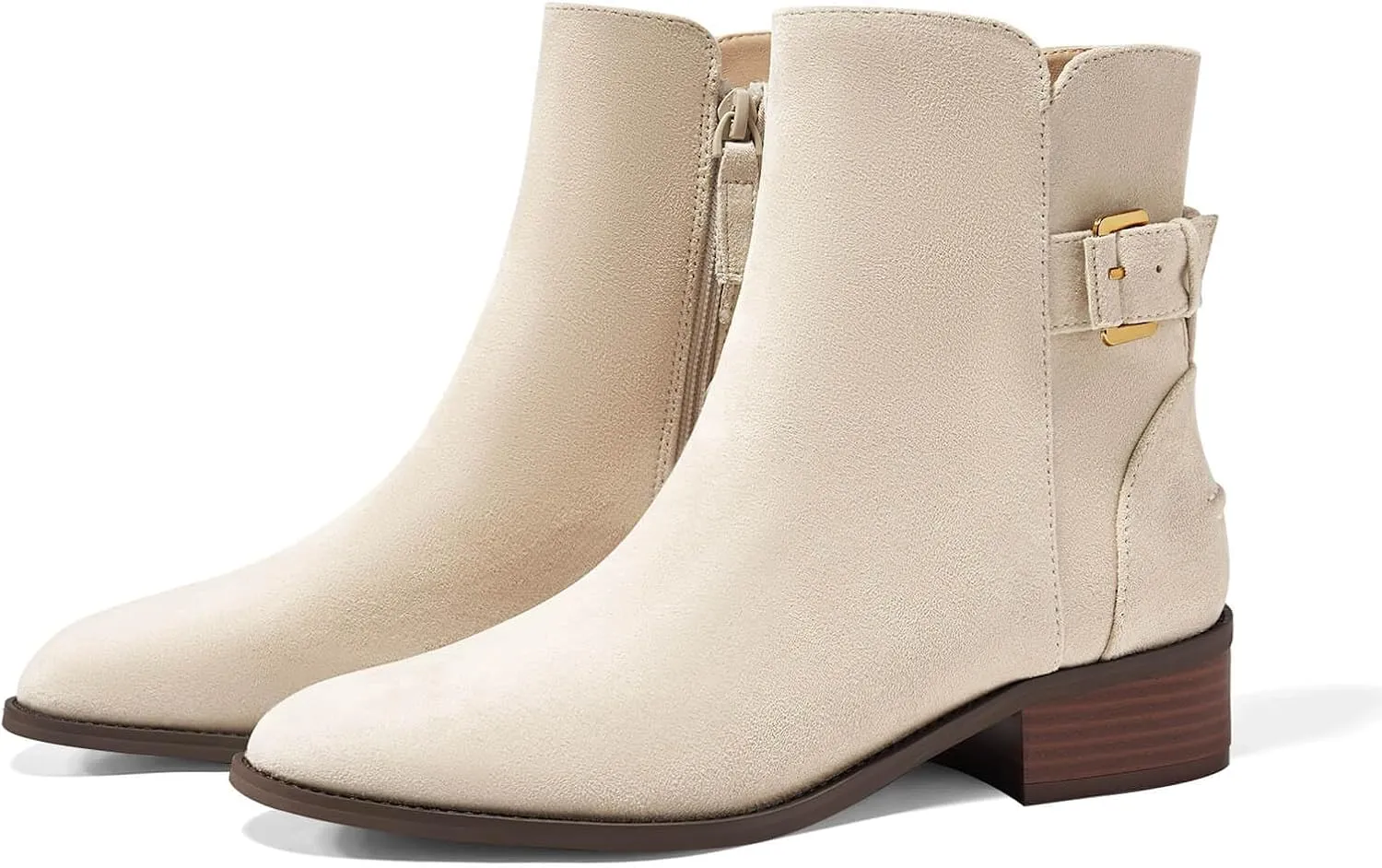 Coutgo Womens Flat Ankle Boots Low Heel Booties Chunky Stacked Pointed Toe Buckle Fall Western Dress Shoes