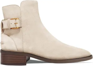 Coutgo Womens Flat Ankle Boots Low Heel Booties Chunky Stacked Pointed Toe Buckle Fall Western Dress Shoes