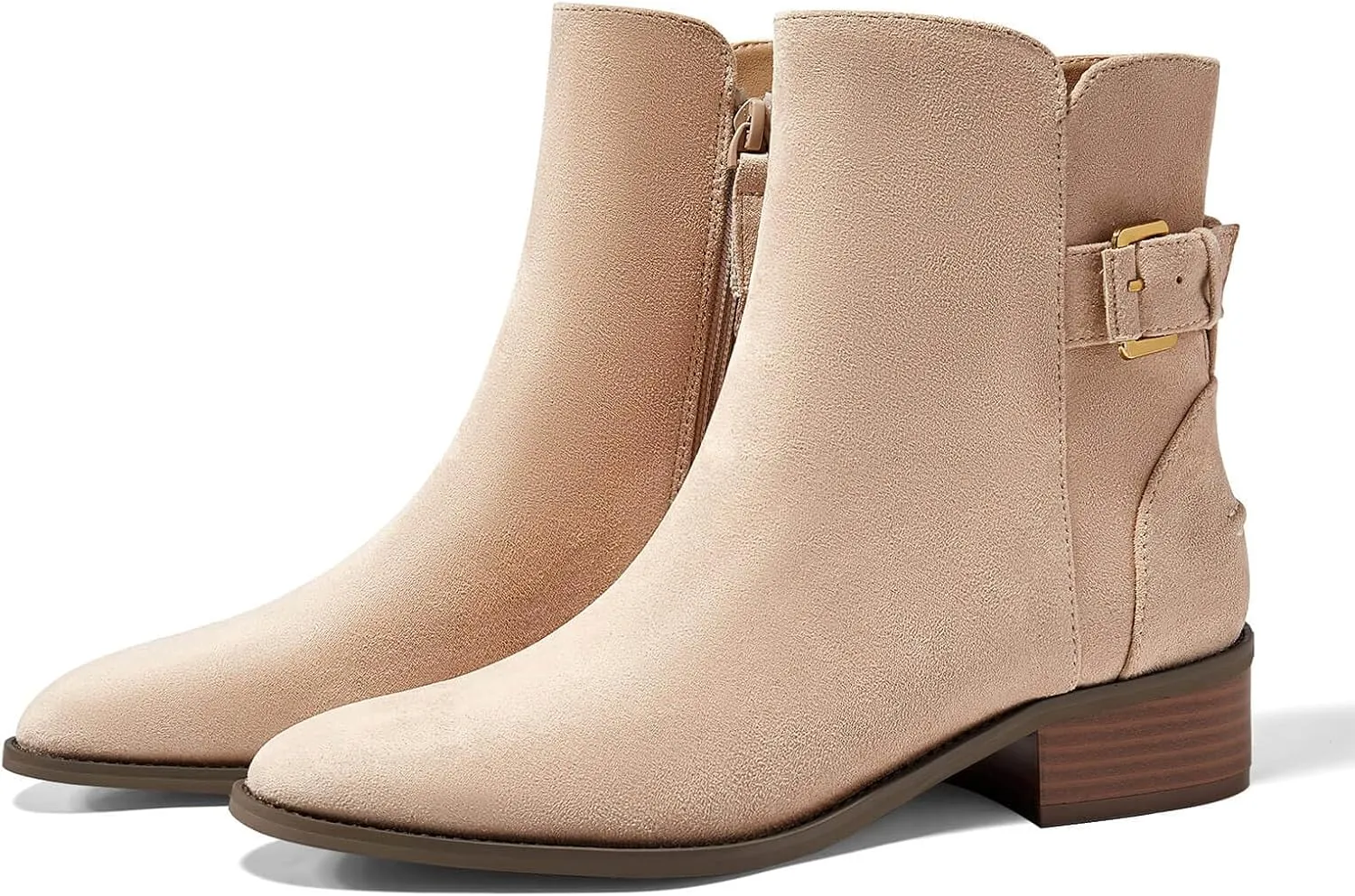 Coutgo Womens Flat Ankle Boots Low Heel Booties Chunky Stacked Pointed Toe Buckle Fall Western Dress Shoes