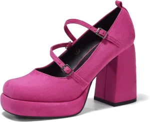 Coutgo Womens Mary Jane Heels Chunky Platform Loafer Shoes Block Heel Closed Square Toe Pumps Cross Strap High Heel Dress Shoes