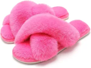 Cozyfurry Womens Cross Band Slippers Cozy Furry Fuzzy House Slippers Open Toe Fluffy Indoor Shoes Outdoor Slip on Warm Breathable Anti-skid Sole