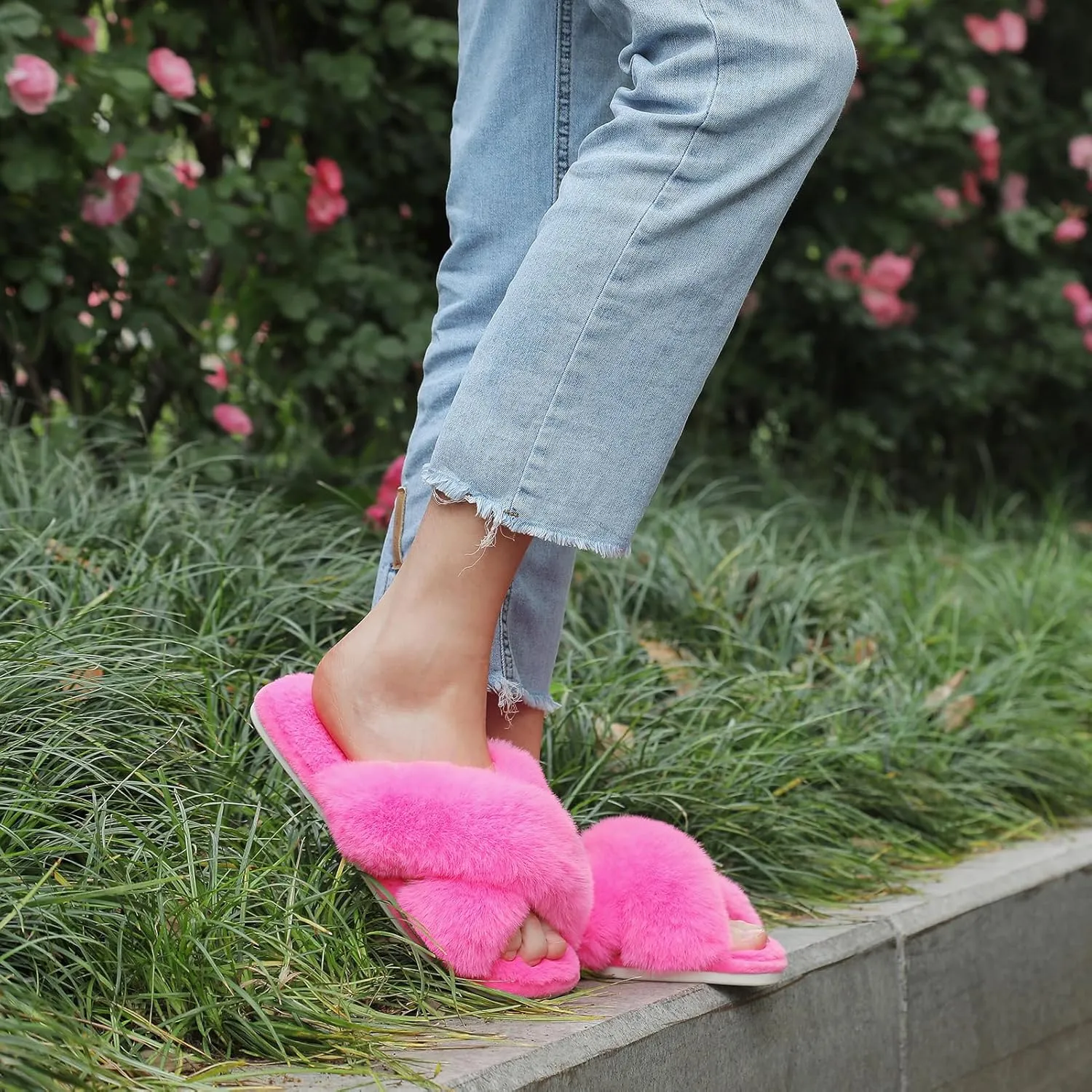 Cozyfurry Womens Cross Band Slippers Cozy Furry Fuzzy House Slippers Open Toe Fluffy Indoor Shoes Outdoor Slip on Warm Breathable Anti-skid Sole