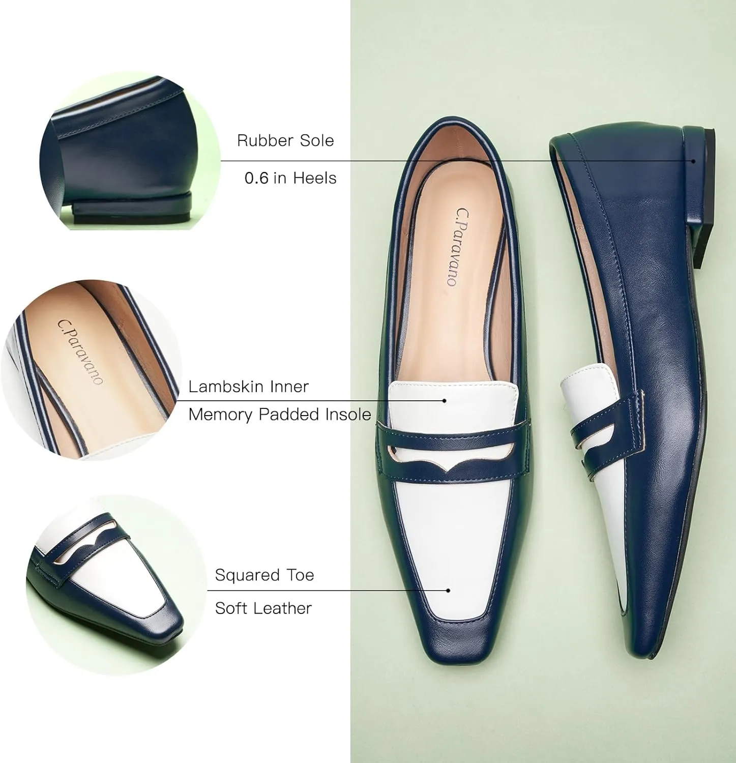 C.Paravano Penny Loafers for Women Formal Dress Square Toe Flats Slip on Loafer Shoes Comfort Loafer for Business Casual Wear