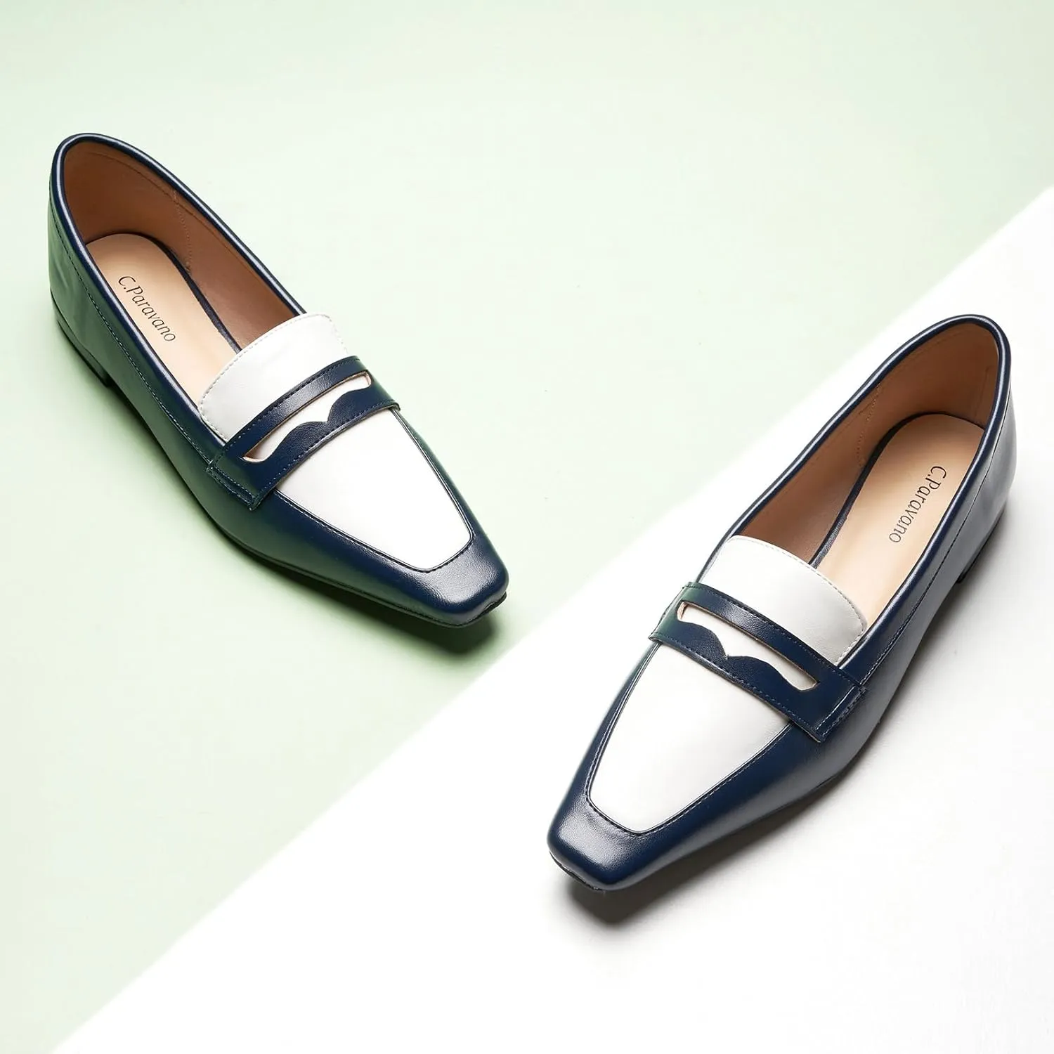C.Paravano Penny Loafers for Women Formal Dress Square Toe Flats Slip on Loafer Shoes Comfort Loafer for Business Casual Wear