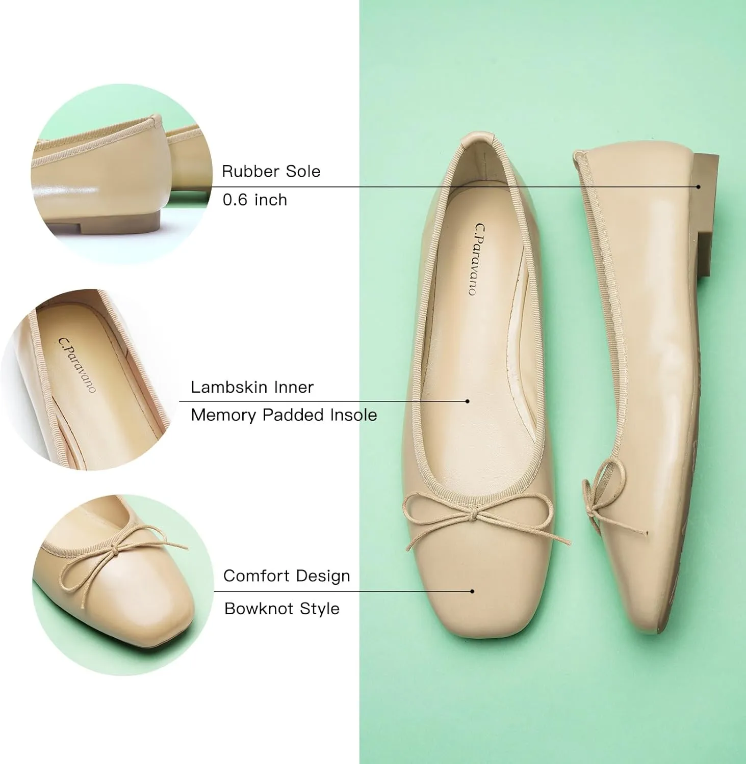 C.Paravano Women's Ballet Flats, Comfortable Slip On Round Toe Flat Shoes, Casual Walking Shoes for Women, Slip-On Bow Dressy Flats for Work Office & Wedding Party