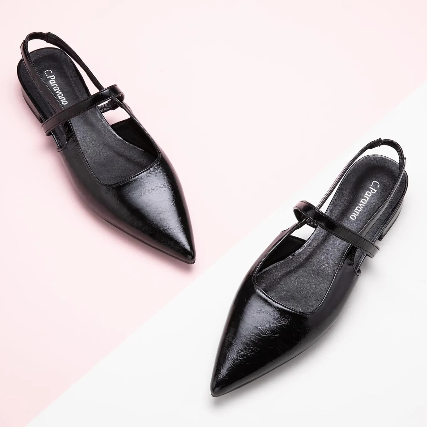 C.Paravano Women's Slingback Flats & Heels - Pointed Toe, Ankle Strap, Comfortable Leather Dress Shoes