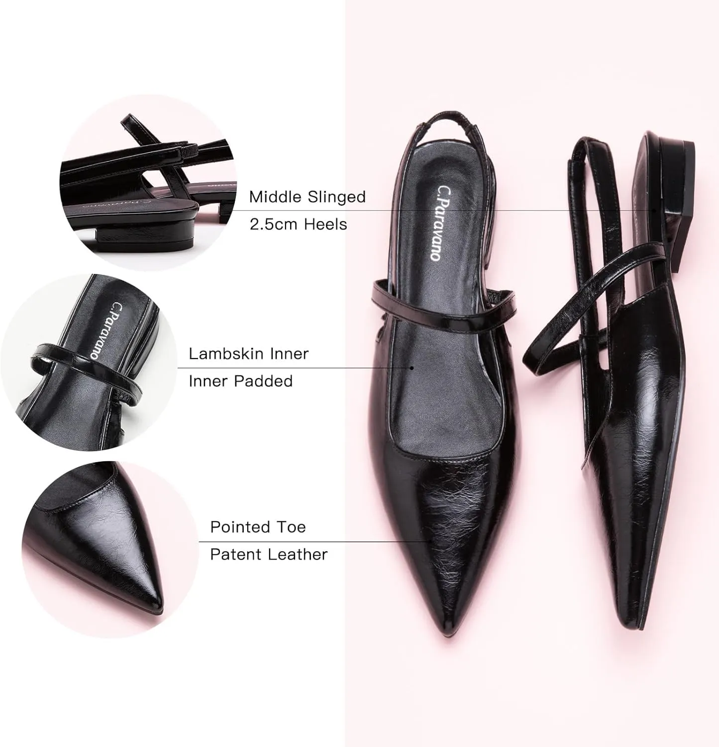C.Paravano Women's Slingback Flats & Heels - Pointed Toe, Ankle Strap, Comfortable Leather Dress Shoes