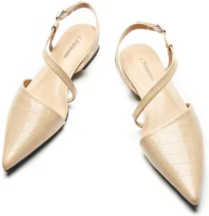 C.Paravano Women's Slingback Flats with S-Curve Strap - Crocodile-Embossed Pointed Toe Slip-On Shoes | Adjustable Back Comfortable Flat Sandals