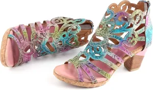 CrazycatZ Leahter Heeled Sandals, Women's Block Heels Roman Sandals Colorful Flower Vintage Slip-on Leather Shoes Platform Sandal