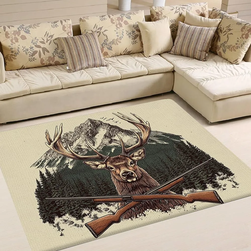Custom Deer Hunting Rug, Wildlife Moutain Forest Deers Runner Rug, Camo Carpet Area Rug Ultra Soft for Boys Room Decor Living Room Farmhouse Mat for Entryway Indoor Outdoor (DEER-DS01)