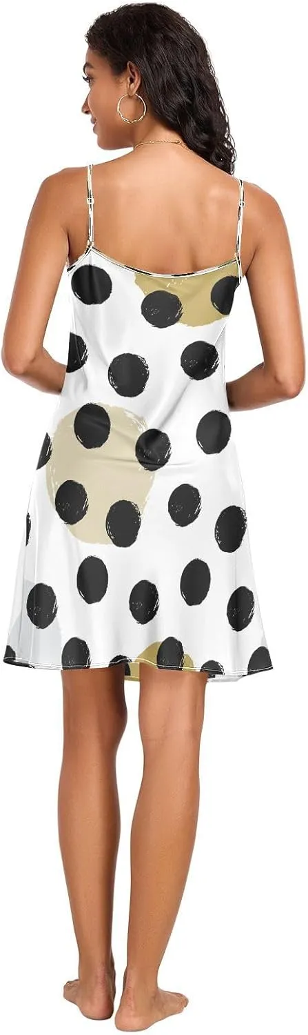 Cute Black Polka Dot Satin Slip Dress, Adjustable Spaghetti Strap V Neck Soft Lounge Slip Dress, S