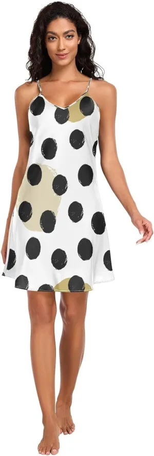 Cute Black Polka Dot Satin Slip Dress, Adjustable Spaghetti Strap V Neck Soft Lounge Slip Dress, S