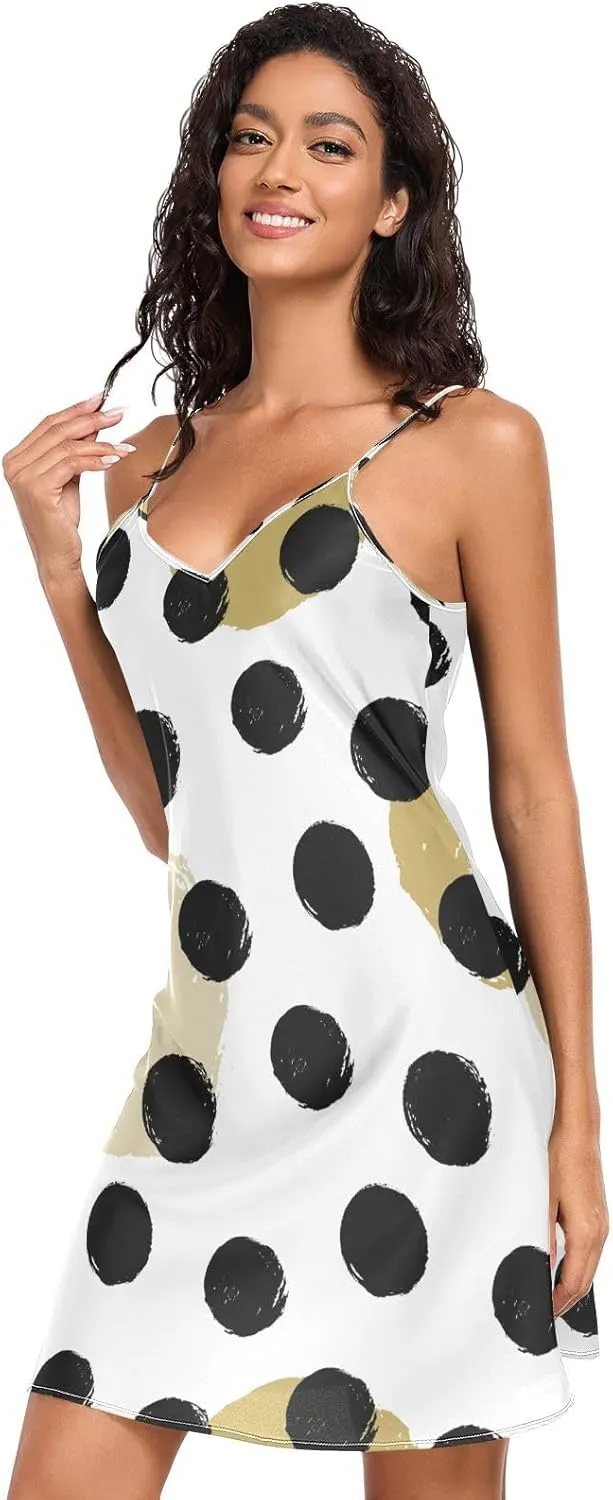 Cute Black Polka Dot Satin Slip Dress, Adjustable Spaghetti Strap V Neck Soft Lounge Slip Dress, S