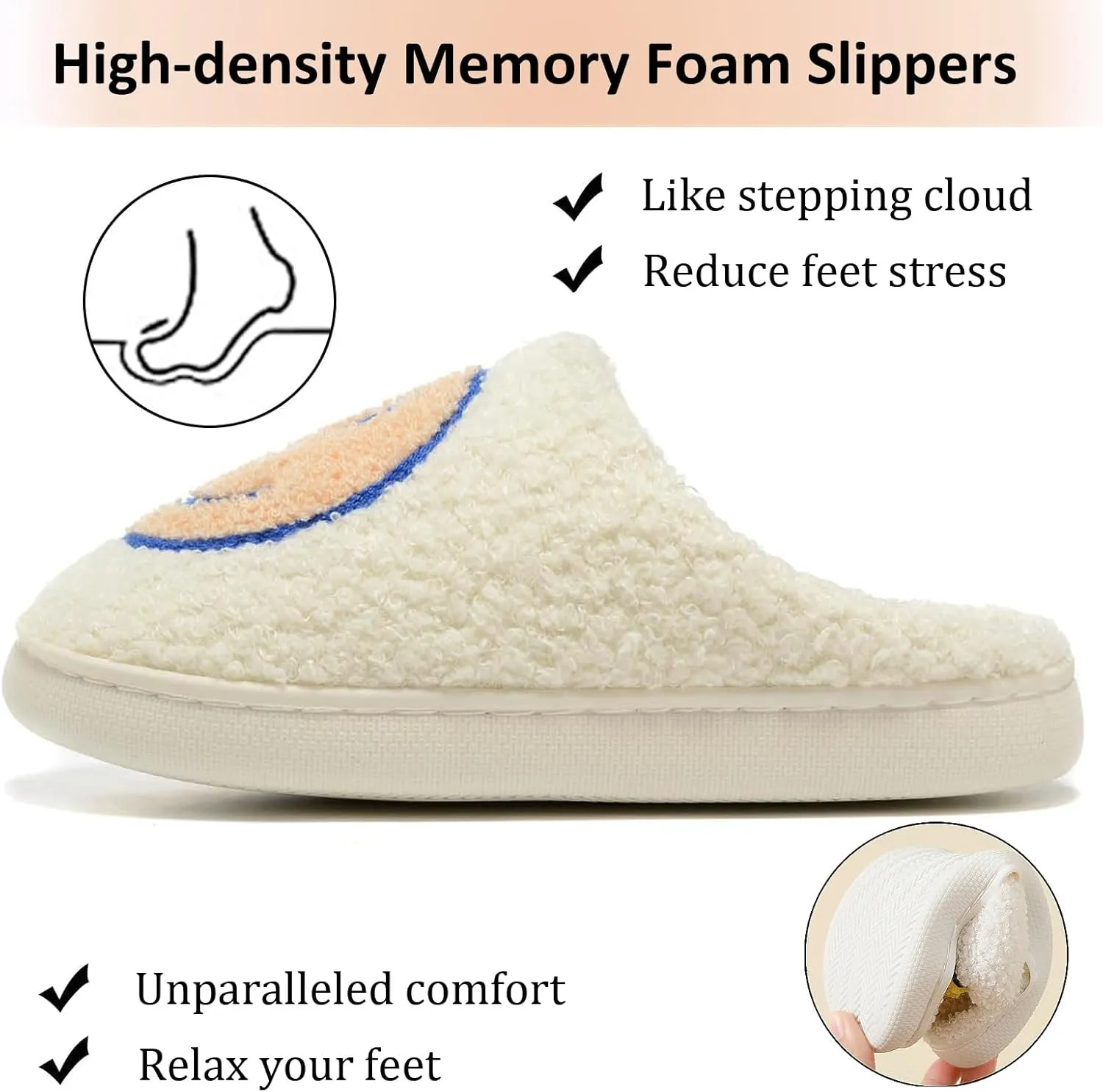 Cute House Slippers for Women & Men - Memory Foam Retro Happy Face Shoes - Cozy Indoor/Outdoor Fuzzy Plush Slip-On Comfy Trendy