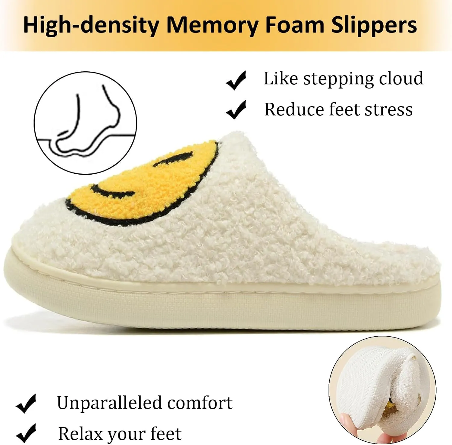 Cute House Slippers for Women & Men - Memory Foam Retro Happy Face Shoes - Cozy Indoor/Outdoor Fuzzy Plush Slip-On Comfy Trendy