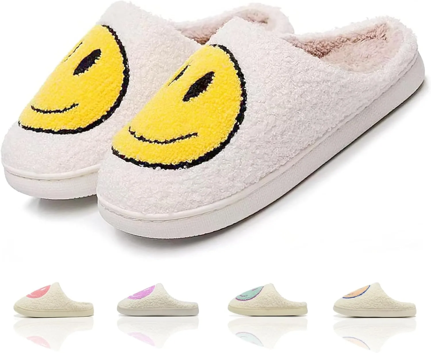 Cute House Slippers for Women & Men - Memory Foam Retro Happy Face Shoes - Cozy Indoor/Outdoor Fuzzy Plush Slip-On Comfy Trendy
