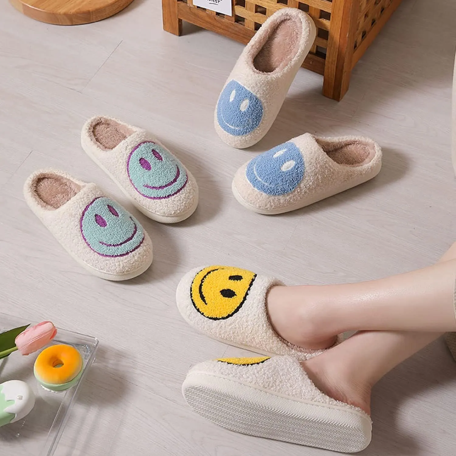 Cute House Slippers for Women & Men - Memory Foam Retro Happy Face Shoes - Cozy Indoor/Outdoor Fuzzy Plush Slip-On Comfy Trendy