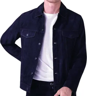 Dapper Togs Mens Third Generation Classic Native American Cowboy Vintage Midnight Blue Genuine Suede Shirt Collar Jacket
