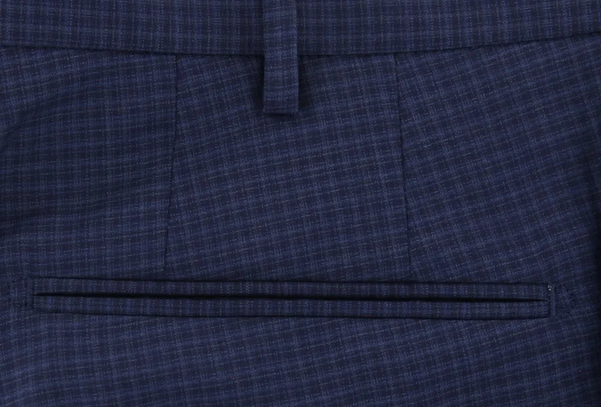 Dark Blue Micro-Check Pants - Slim