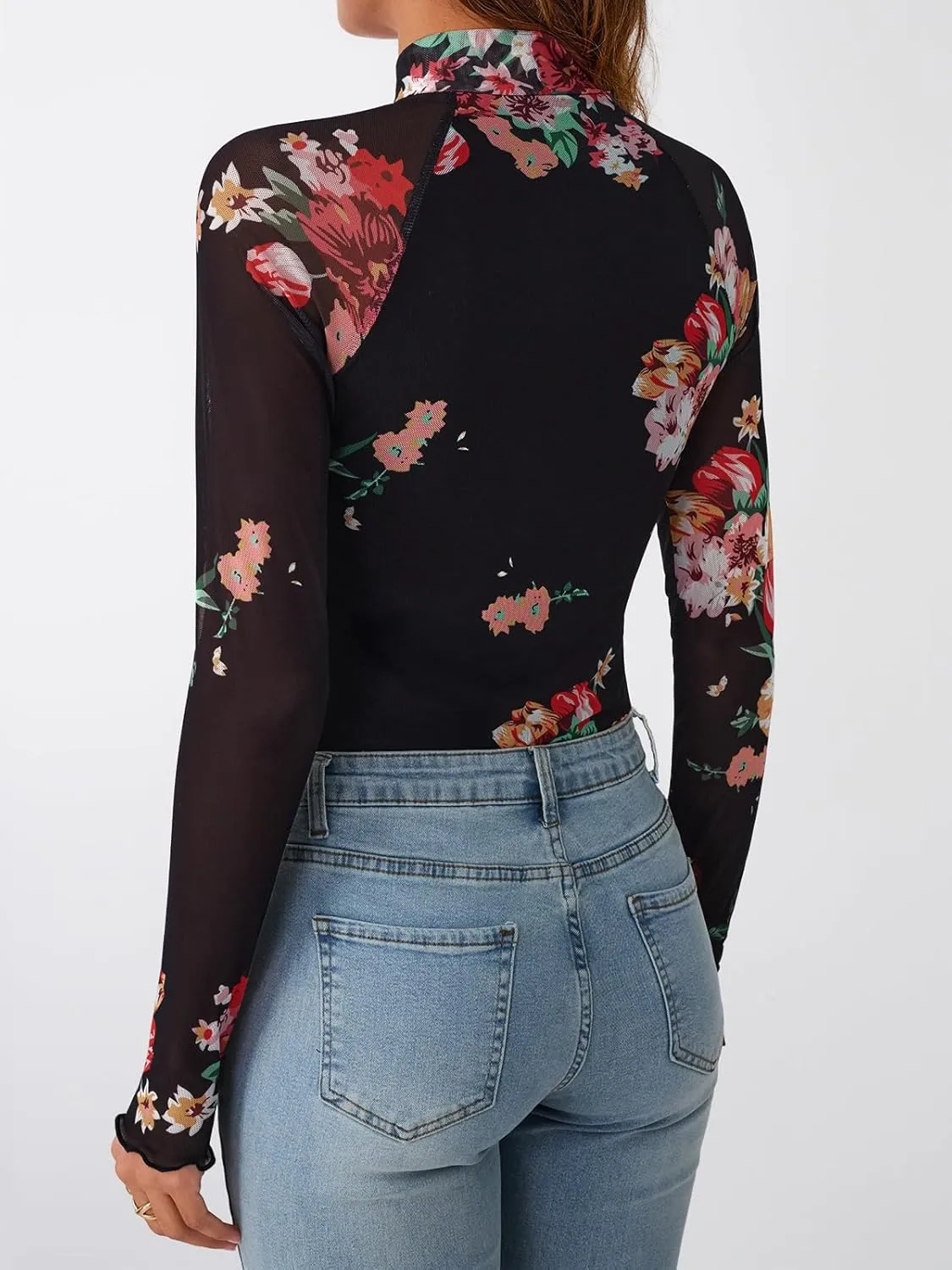 Dealmore Lace Long Sleeve Floral Mesh Mockneck Going Out Tops for Women Fashion Fall Outfits 2025