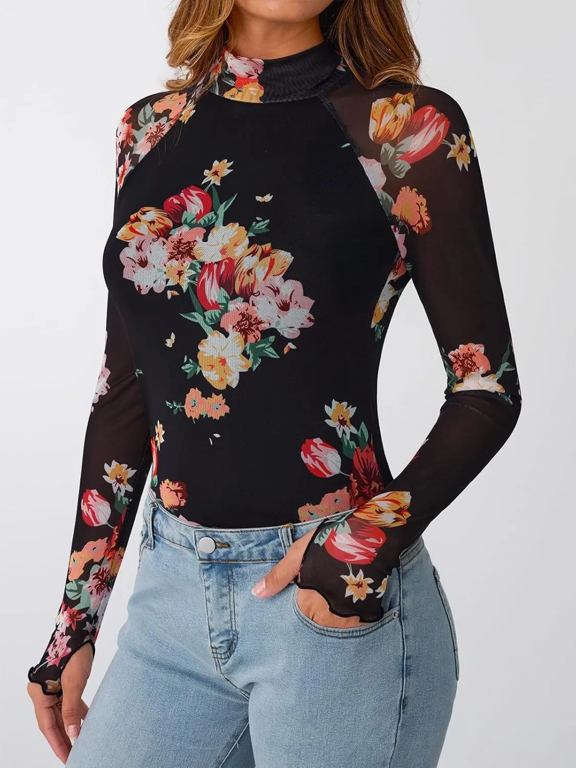 Dealmore Lace Long Sleeve Floral Mesh Mockneck Going Out Tops for Women Fashion Fall Outfits 2025