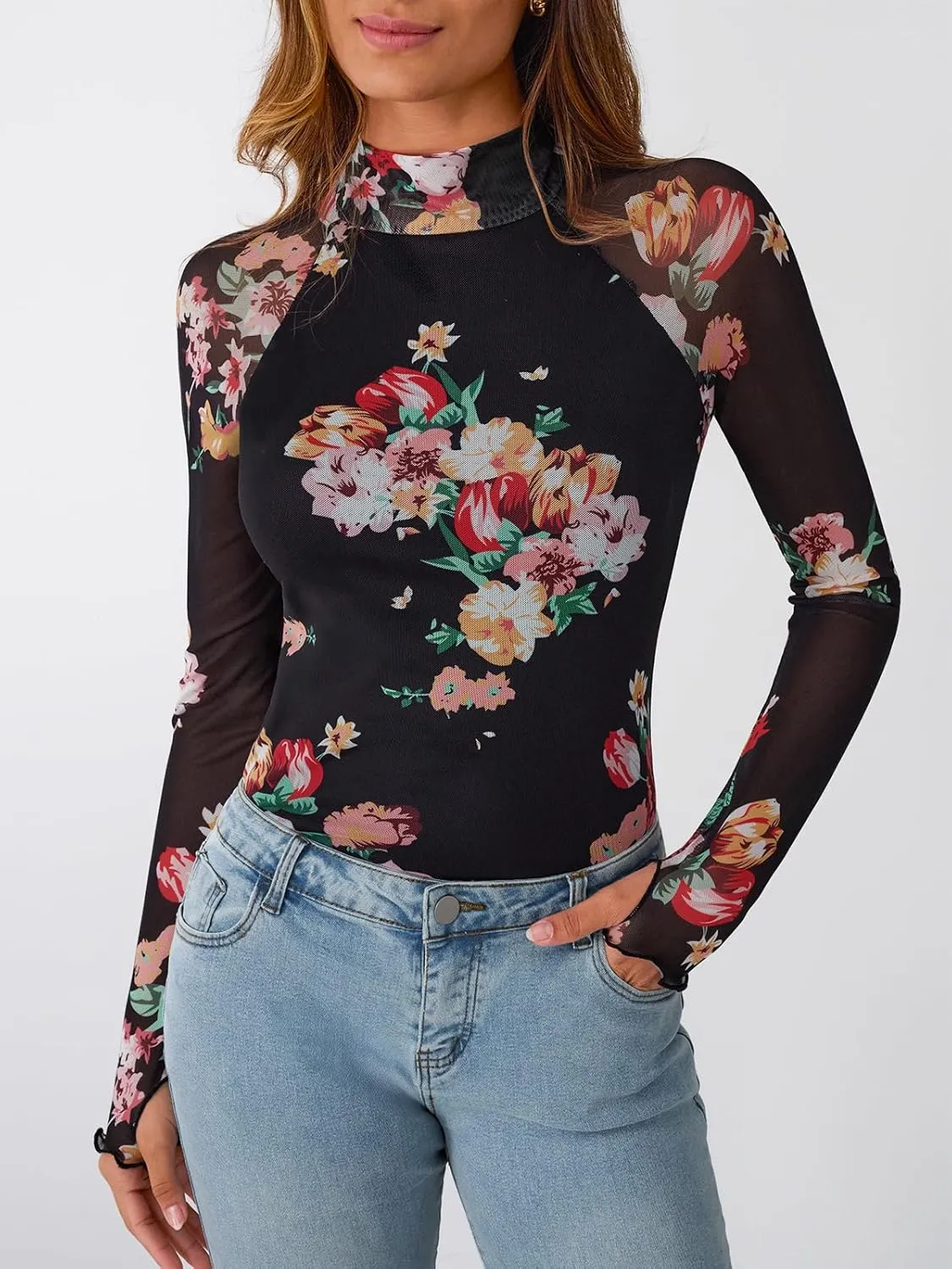 Dealmore Lace Long Sleeve Floral Mesh Mockneck Going Out Tops for Women Fashion Fall Outfits 2025