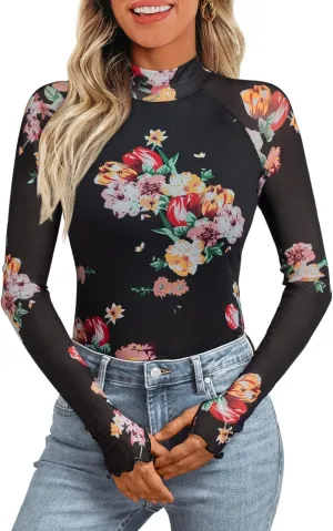 Dealmore Lace Long Sleeve Floral Mesh Mockneck Going Out Tops for Women Fashion Fall Outfits 2025