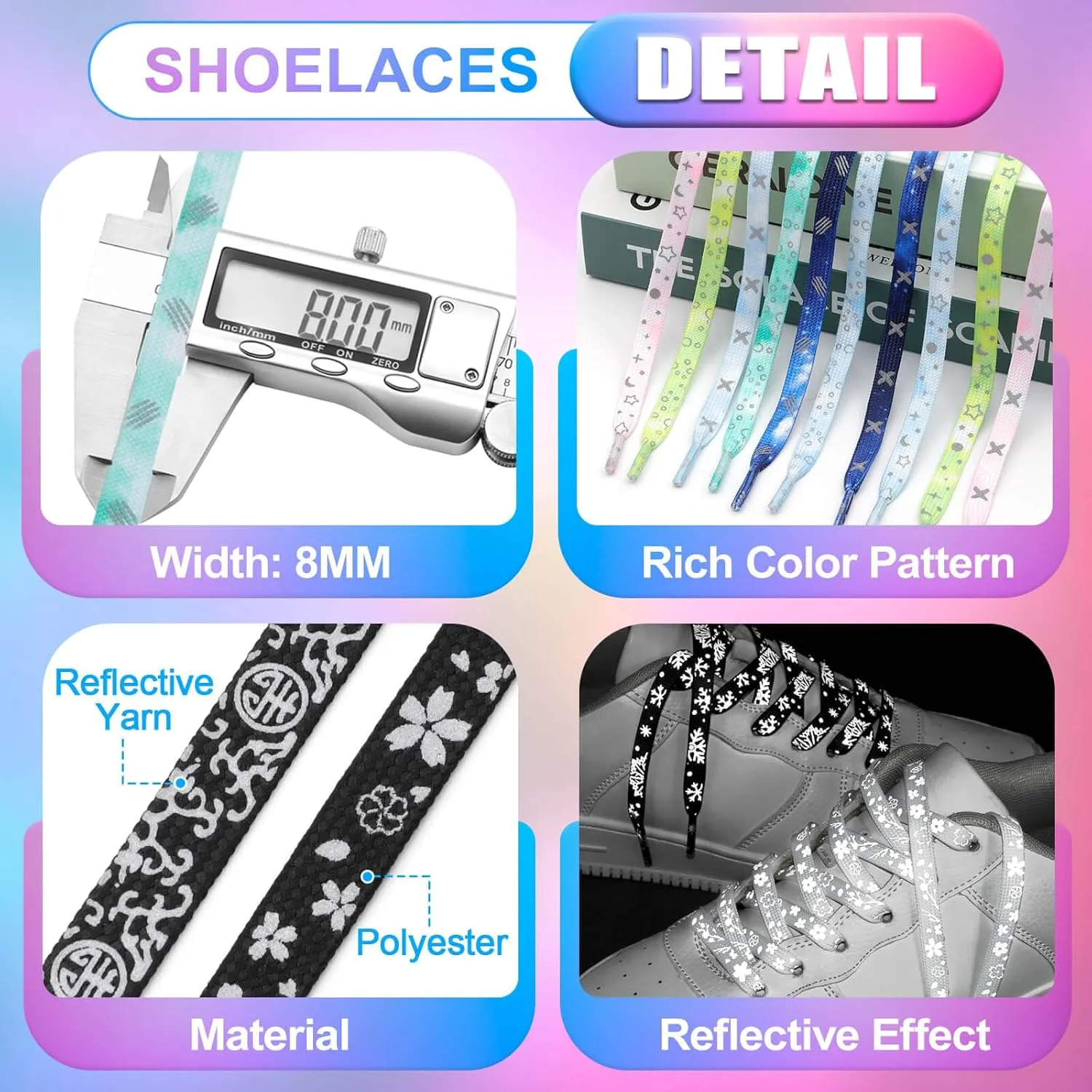 DELELE 2 Pairs Reflective Shoelace Flat Safety Laces for Shoes Sneakers Boots