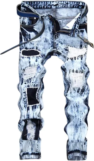 DGHM-JLMY Men's Medium Waist Casual Patchwork Jeans Ripped Patch Stretch Denim Pants Moto Biker Washed Jean Trousers