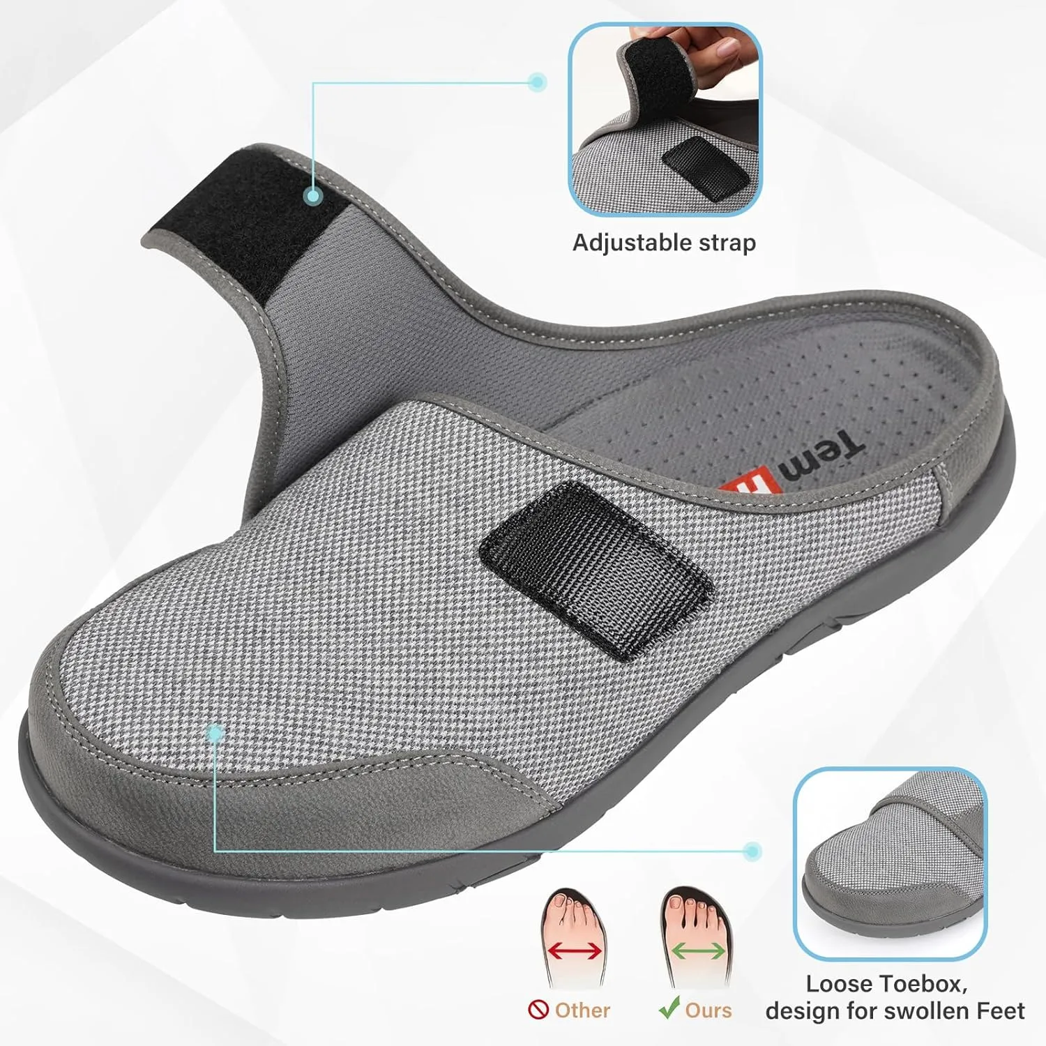 Diabetic Slippers for Men, Extra Wide Slippers with Adjustable Strap, Breathable Mens Slippers Wide Width, Indoor Outdoor Slip On Slippers Clogs for Swollen Feet