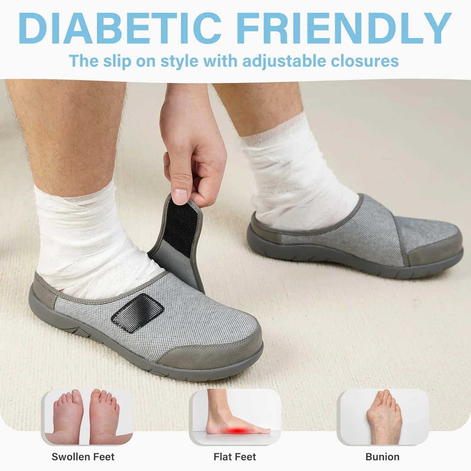 Diabetic Slippers for Men, Extra Wide Slippers with Adjustable Strap, Breathable Mens Slippers Wide Width, Indoor Outdoor Slip On Slippers Clogs for Swollen Feet