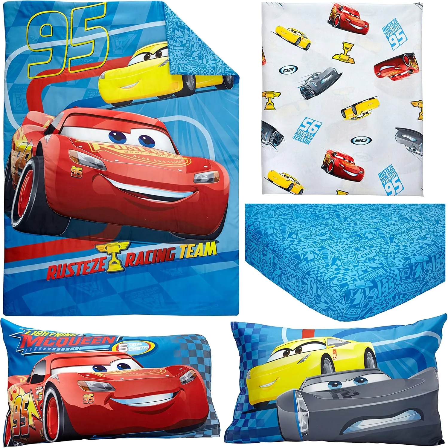 Disney Cars Rusteze Racing Team 4 Piece Toddler Bedding Set, Blue/Red/Yellow/White