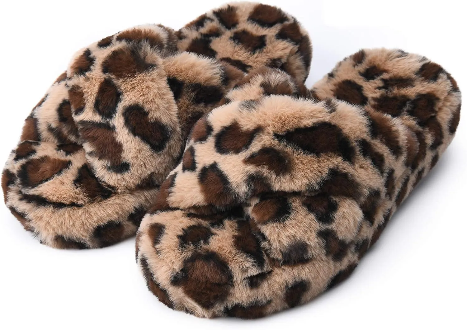 DL Fluffy Womens House Slippers Cross Band Open Toe, Soft Plush Fleece Bedroom Slippers Women Memory Foam, Comfy Fuzzy Slip On Non-Slip Womens Slippers Indoor Leopard Size