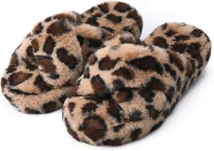 DL Fluffy Womens House Slippers Cross Band Open Toe, Soft Plush Fleece Bedroom Slippers Women Memory Foam, Comfy Fuzzy Slip On Non-Slip Womens Slippers Indoor Leopard Size