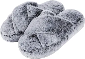 DL Fluffy Womens House Slippers Cross Band Open Toe, Soft Plush Fleece Bedroom Slippers Women Memory Foam, Comfy Fuzzy Slip On Non-Slip Womens Slippers Indoor Leopard Size
