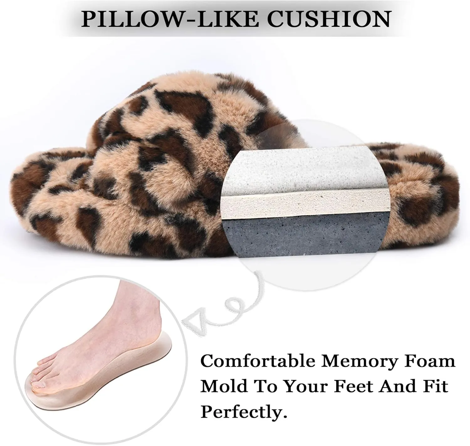 DL Fluffy Womens House Slippers Cross Band Open Toe, Soft Plush Fleece Bedroom Slippers Women Memory Foam, Comfy Fuzzy Slip On Non-Slip Womens Slippers Indoor Leopard Size