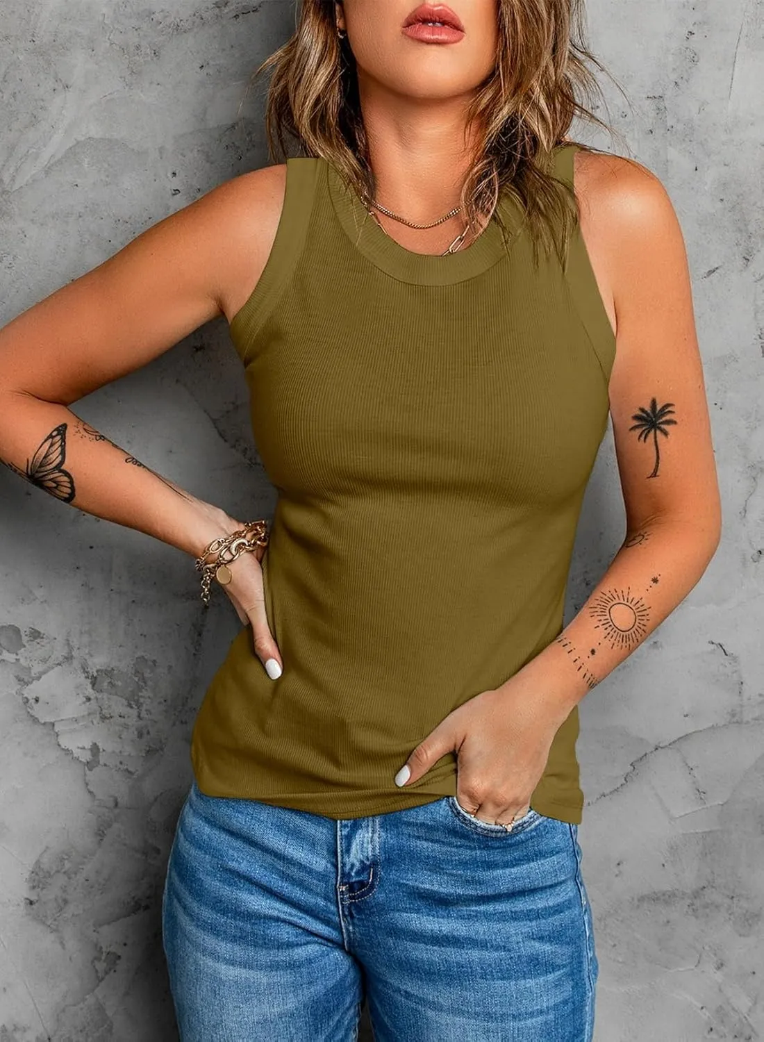 Dokotoo Womens Ladies Ribbed Thick Strap Racerback Tight Slim Fitted Sporty Workout Tank Tops