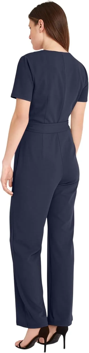 Donna Morgan womens Short Sleeve Notch Neck Jumpsuit With Waist Tie | Jumpsuits for Women Dressy